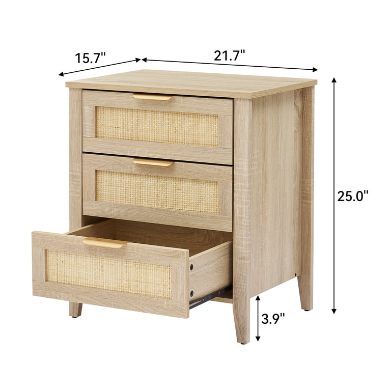Rattan Nightstand, Wooden 3 Drawer Dresser, Modern Chest of Drawer with  Metal Handle and Solid Wood Legs, 25 Inch Tall End Table, Corner Dresser  for ...