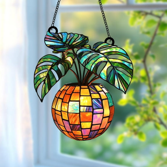 Monstera Plant Acrylic Suncatcher, Colorful Mosaic Disco Ball Faux Stained Glass Hanging Planter, Jungle Window Decor Gift For Plant Lover