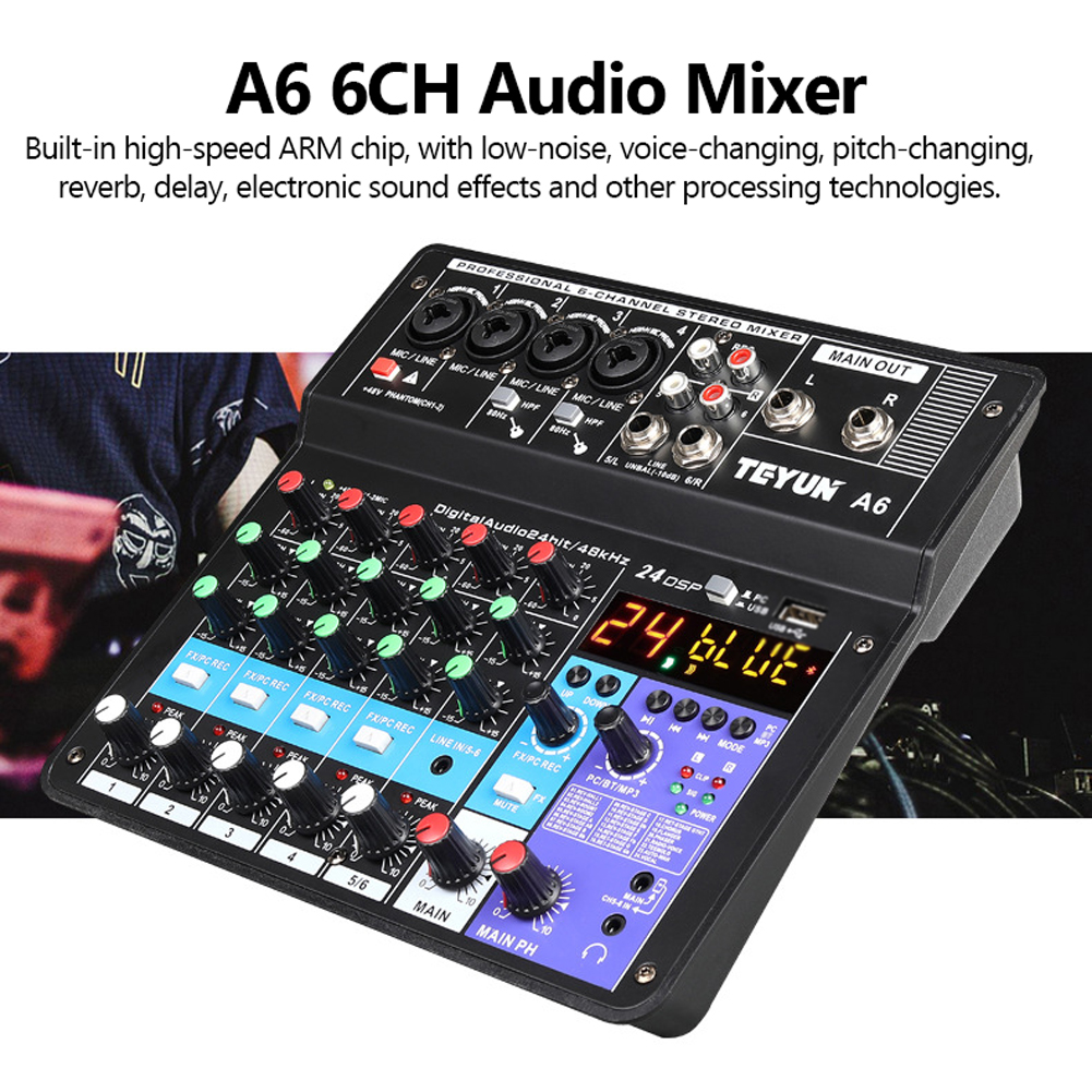 A6 6CH Protable  Mixer Audio Console with Sound Card USB Recording Singing Webcast Party Mixer - image 2 of 7