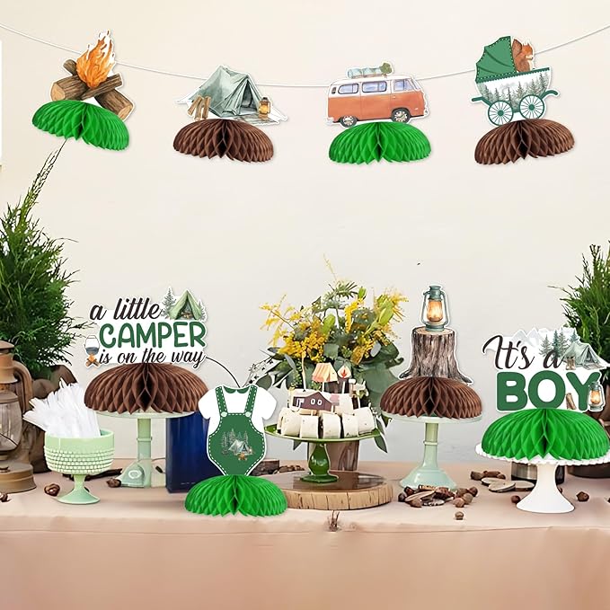 Little Camper Baby Shower Decorations, 8pcs A Little Camper is On The Way Honeycomb Centerpiece It's a Boy Table Topper for Woodland Camping Happy Camper Adventure Baby Shower Party Supplies