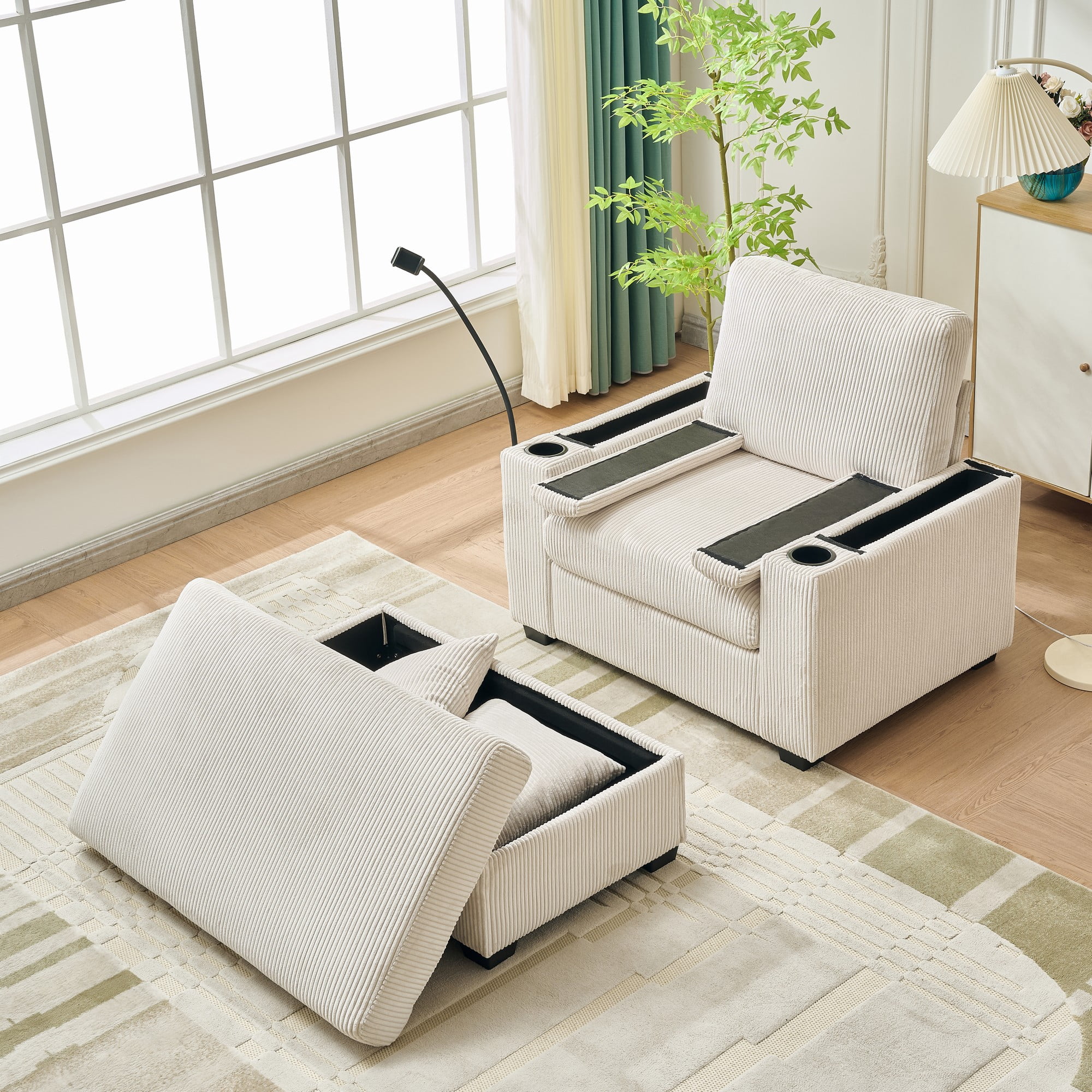 Euroco 55" Oversized Chaise Lounge Chair Indoor with Ottoman and Storage, Comfy Corduroy Sleeper Chair with Cup Holder,Mobile Phone Stand&USB Charging Port