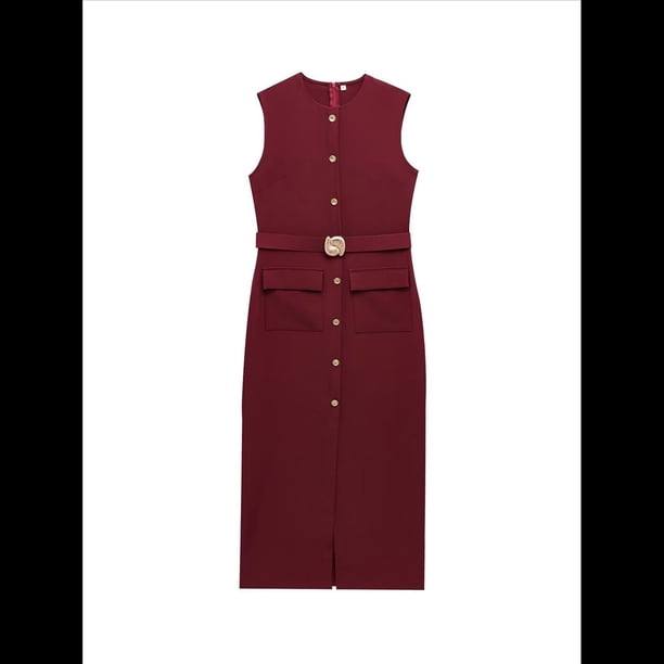 Vestido Formal de Negocios para Mujer 2025, Sin Mangas, con Botones, Elegante, para Oficina, con Cinturón. Vino Tinto XS
