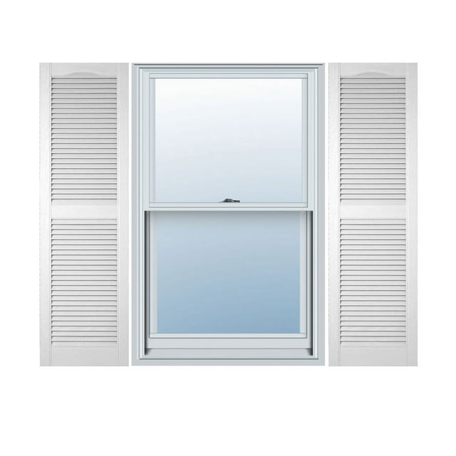 18"W x 75"H Lifetime Vinyl, Custom Cathedral Top Center Mullion, Open Louver Shutters, w/Shutter-Loks (Per Pair), Bright White