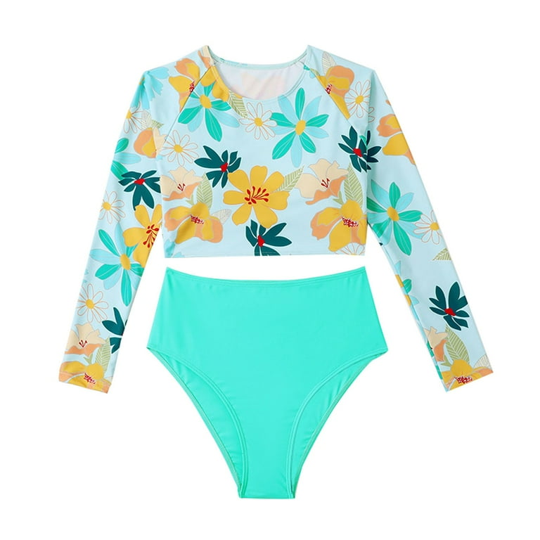 ZIZOCWA 2 Piece Swimsuit for Women 2Pcs Bikini Set Long Sleeve Floral Print  Crop Top With Briefs Summer Beach Swim Outfits Ladies Split Sunscreen