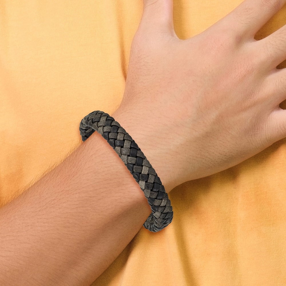 Diamond2Deal Stainless Steel Brushed Gun Metal IP-Plated Brown Braided Leather Bracelet for Men 8.25"