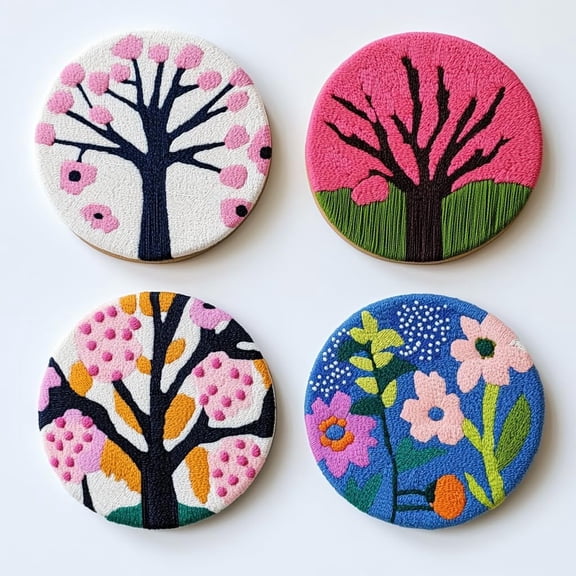 4 Set DIY Punch Needle Coaster Kits Blossom Cherry Flower Tree Easy for Beginners with Adhesive Felt Hoop Punch Needle Embroidery Starter Set with Pattern for Drink Cups Mat Home Decor-6
