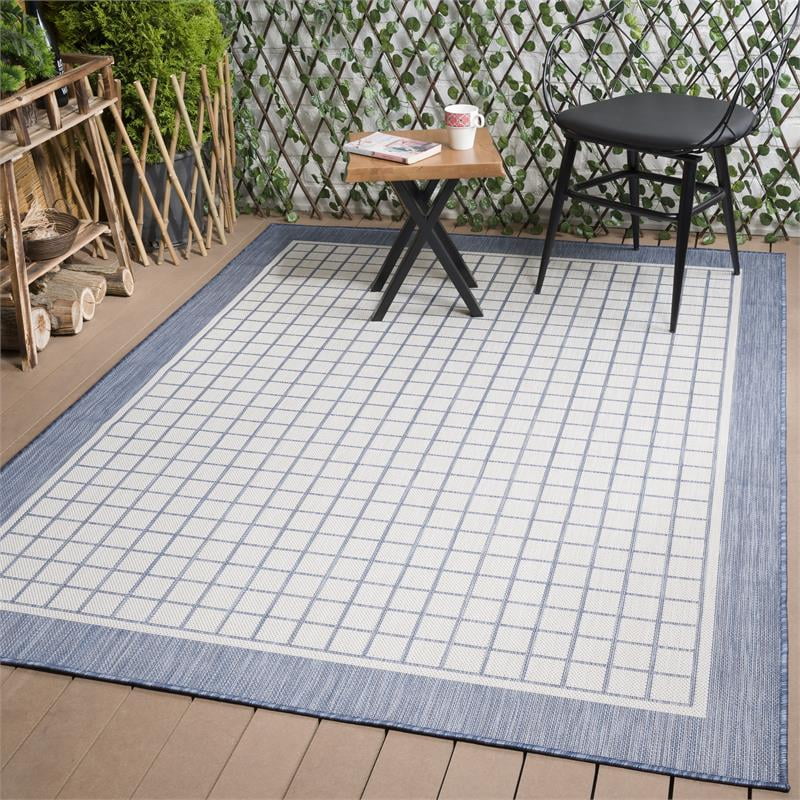 Indoor/Outdoor Bordered Squares Area Rug 5x7 Blue / White WKK20303