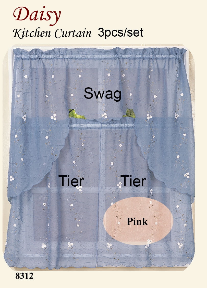 PINK Embroidery Daisy Kitchen Curtain Swag Tiers Set 3PCS PINK Sheer