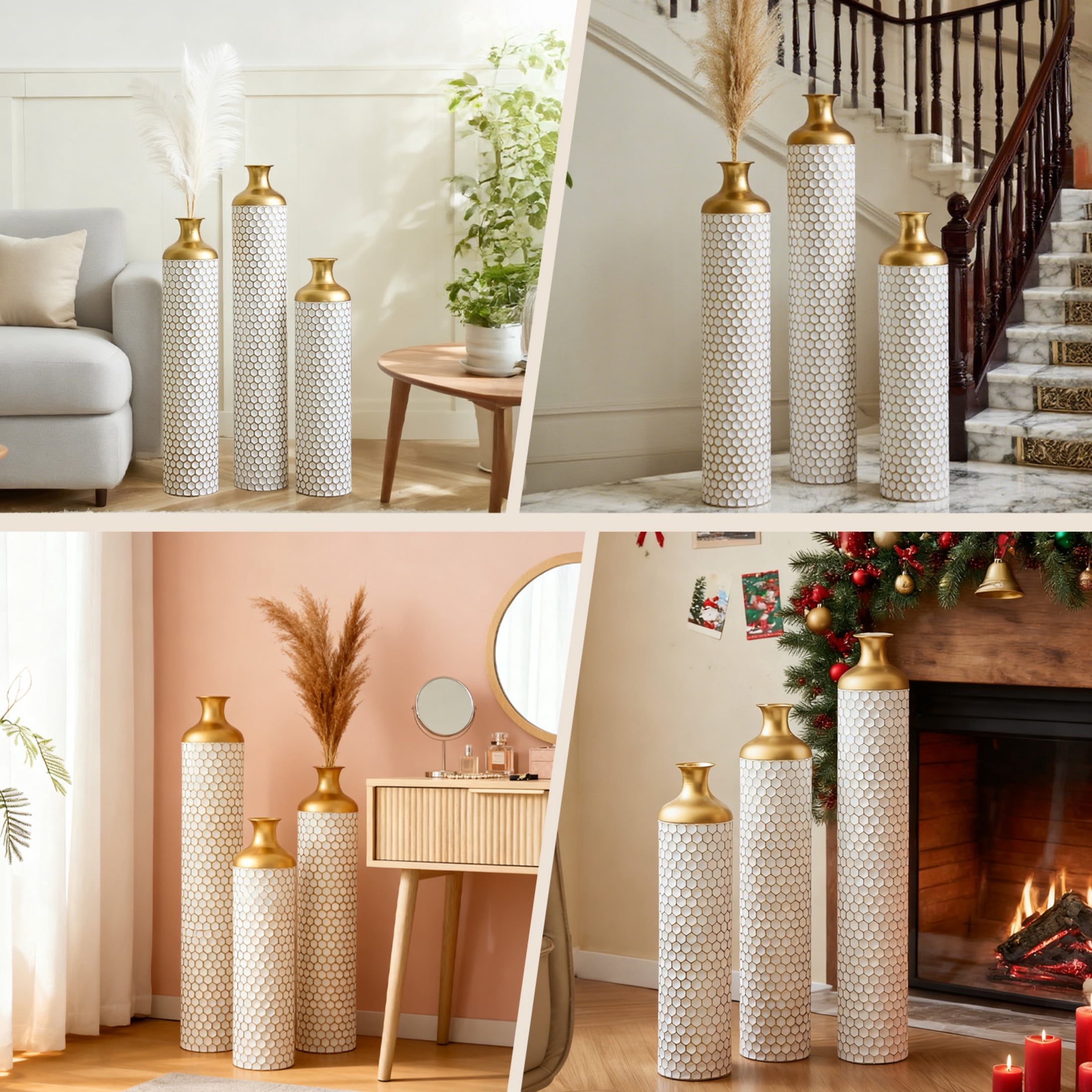 Noble House 3-Piece Metal Floor Vase Set, Textured Honeycomb Pattern, Gold + White