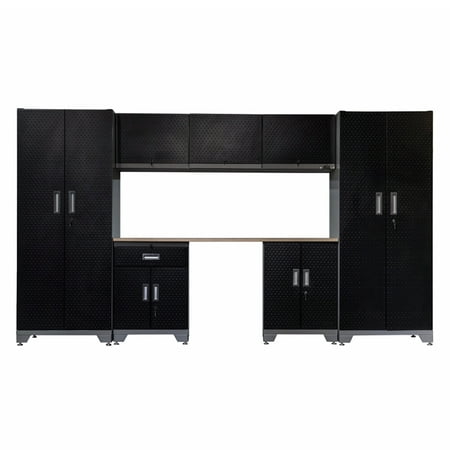 frontier steel garage cabinet storage system with wooden work surface 76" h  x 132" w x 18" d