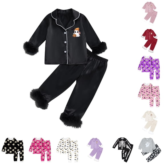 Miaoju Halloween Pajamas for Sets Front Ghost Print Long Sleeve Loungewear Clothes Set Trendy Sleepwear Set 2 Piece Pjs Clothes Set Gifts for