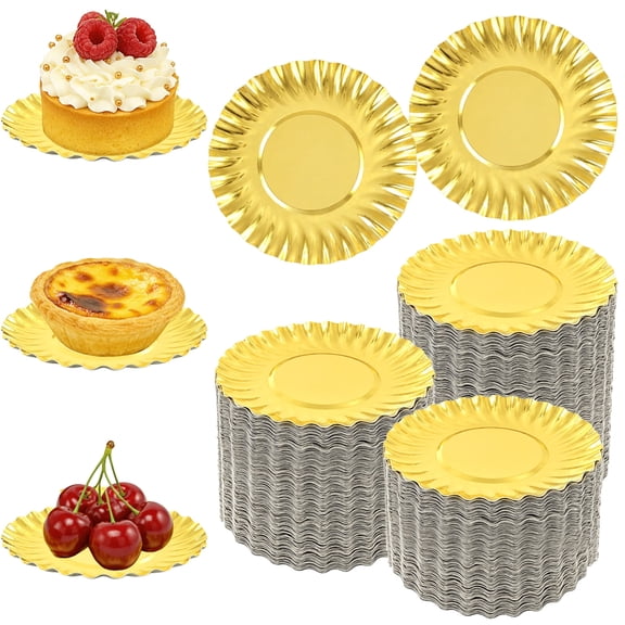 200 Pcs Mini Dessert Plates, 3.5 in Disposable Mini Scalloped Paper Plates with Water-resistant Golden FInish, Metallic Cake Dessert Dish for Wedding, Birthday Party, Buffet, Catering Events