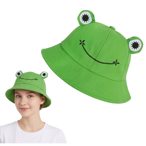 Frog Bucket Hat Cotton Funny Cute Green Fisherman Sun Cap for Adults Teens, Packable Novelty Summer Outdoor Travel Beach Hats, Medium