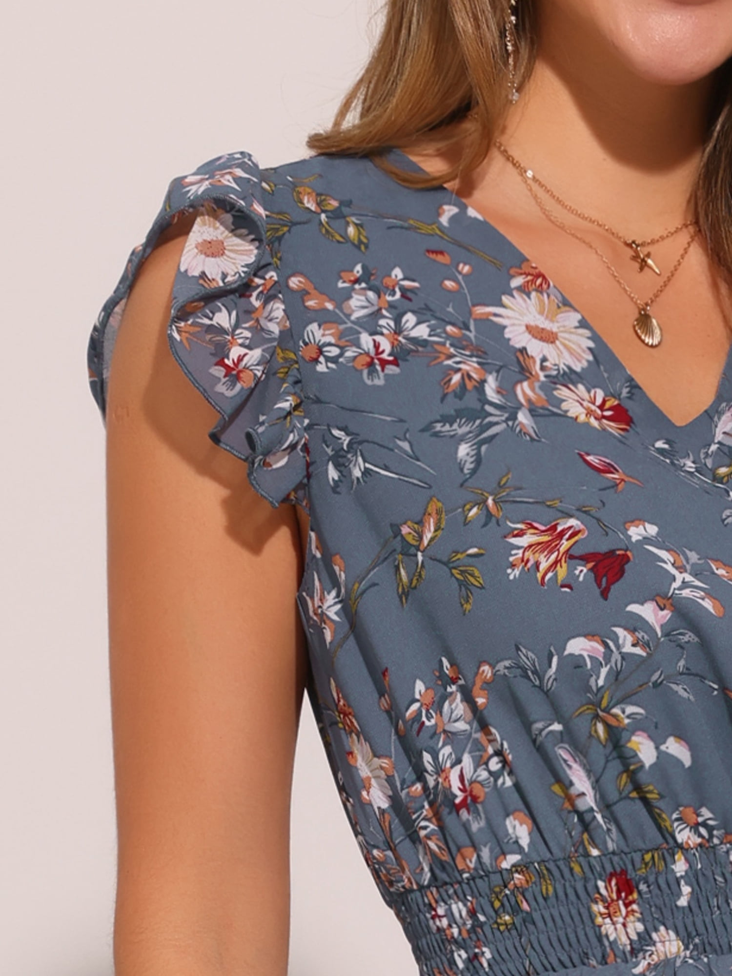 DARING DIVA Floral Flutter Sleeves V Neck Smocked Ruffle Dress M Blue Gray