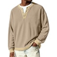 thumbnail image 3 of Havenx Long Sleeve Henley Shirts for Men Button Ribbed Knit Sweater Crewneck Long Sleeve Texture T-Shirts Soft Warm Casual Stylish Fall Lightweight Clothing,Khaki L, 3 of 6