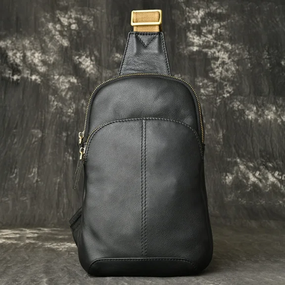 Men’s Black Leather Crossbody Sling Bag – Chest Pack Shoulder Backpack with Adjustable Canvas Strap and Multi-Zip Pockets for Travel, Work, or Daily Carry