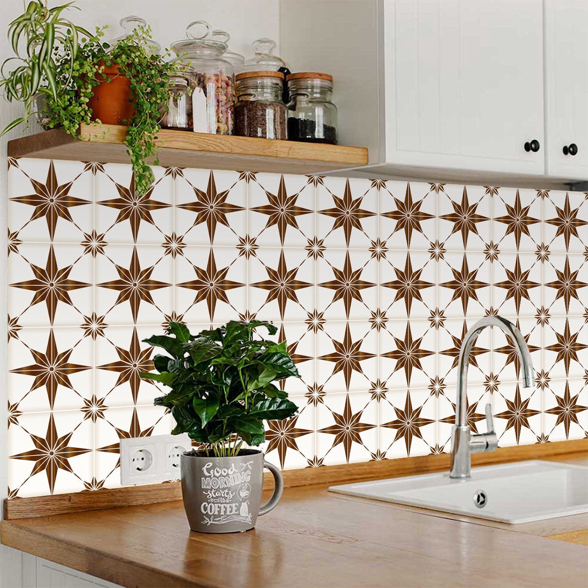 Mi Alma Vinyl Peel and Stick Star Shaped B67 Backsplash Tile Stickers, Brown, 4" x 4" (24-Pack)