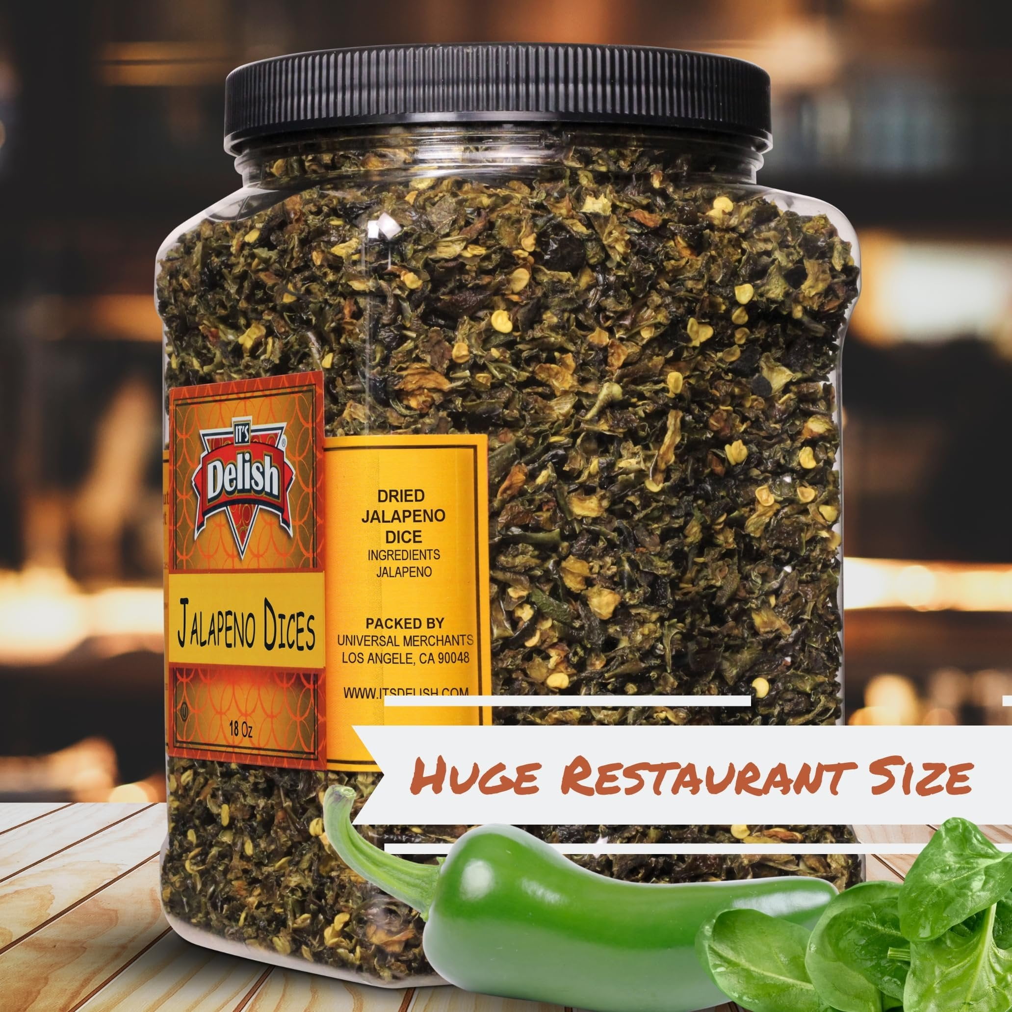 Dried Jalapeno Dices by It's Delish, 18 Oz Jumbo Container  Dehydrated Jalapenos  Diced Green Jalapeo Peppers for Chili and Sausage Making, Hot Spicy Foods  Ready to Cook Chopped Veggies  Kosher