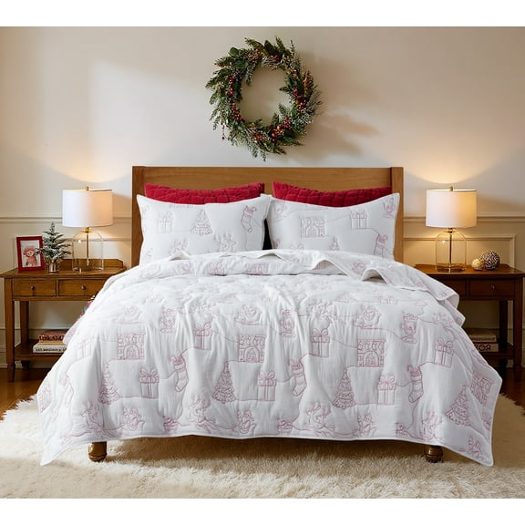 JANEEN HOME WHITE AND RED SANTA CHRISTMAS TREE HOLIDAY QUEEN QUILT 3PC BEDDING SET