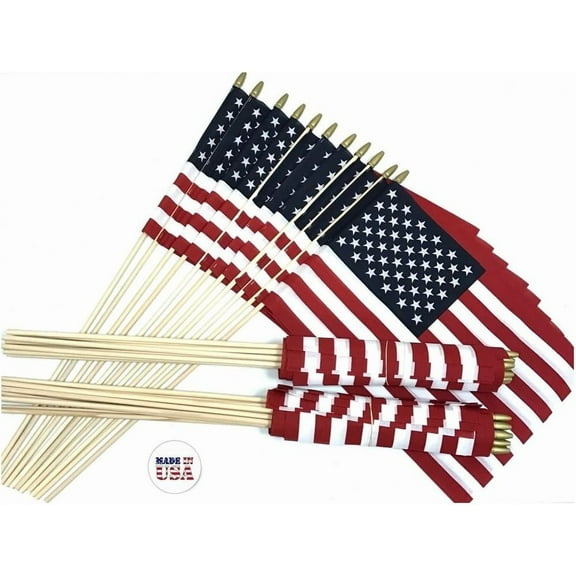 Box of 36 12"x18" US Stick School Classroom Flags Made In The USA, American Made 12x18 Flag is Mounted on a 30" Wood Staff, Beautiful Colors