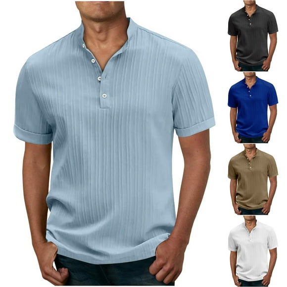 Txeol Deals Today Men's Summer Lightweight Cotton Linen Shirts Casual Short Sleeve Button Polo Tshirt Classic Solid Color Outdoor Athletic Tees,Blue,L