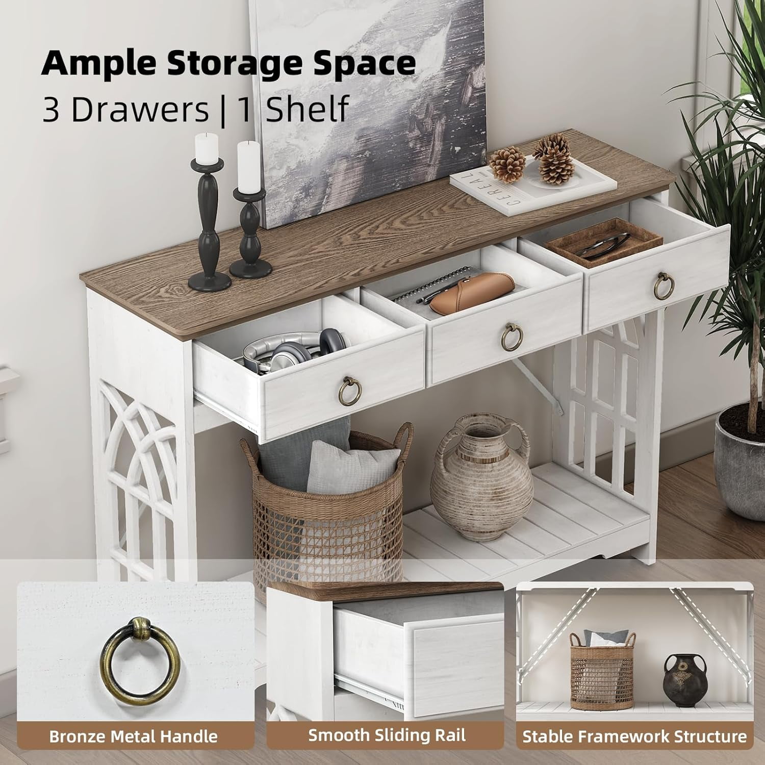 JOINICE Farmhouse Entryway Table with Drawers and Shelf,Long Console Table with Wood Leg,Sofa Table for Living Room,Hallway,White