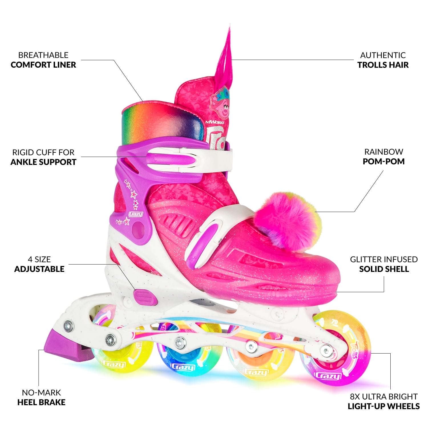 Crazy Skates Trolls Size Adjustable Inline Skates - Featuring Poppy or Barb from TROLLS