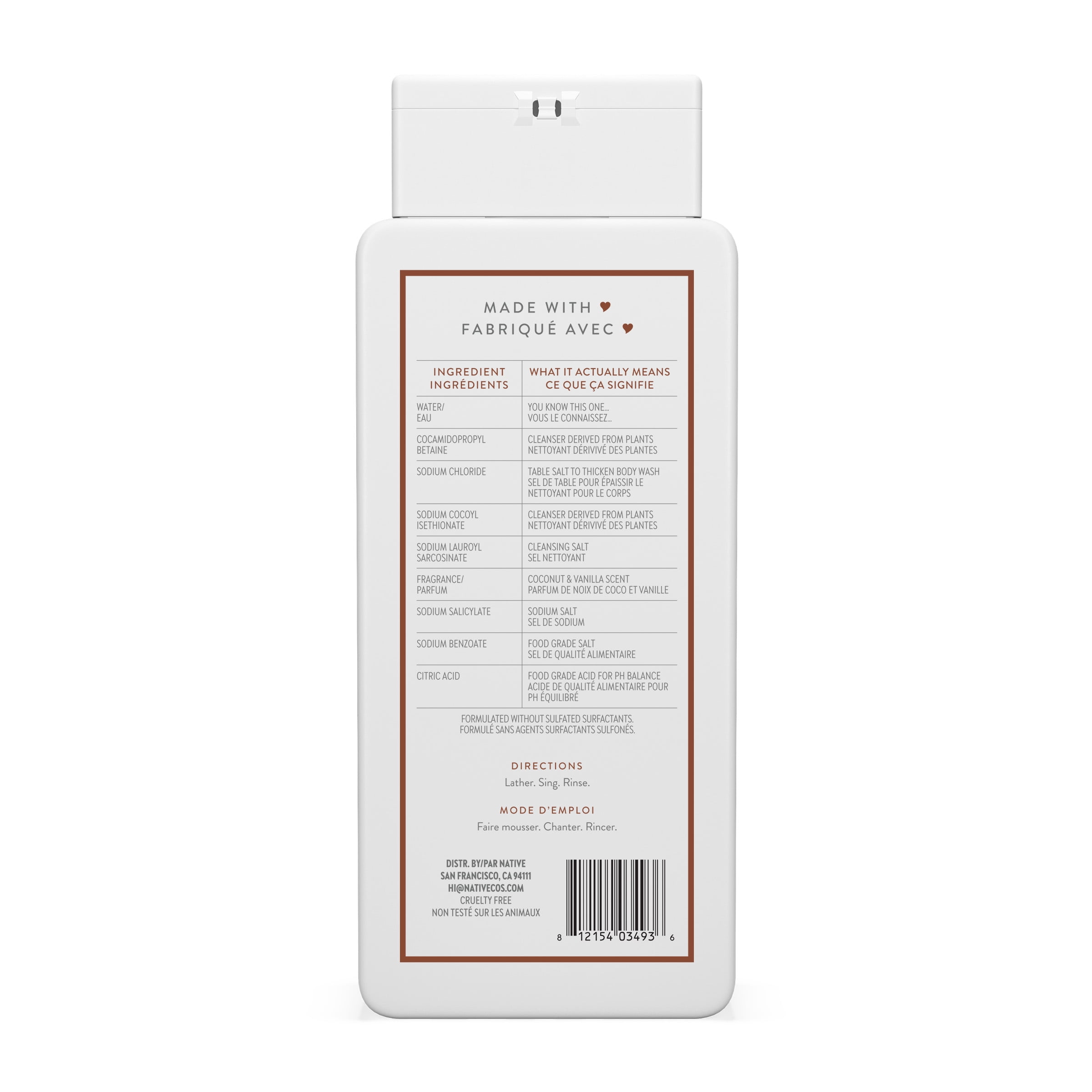 Native Natural Body Wash, Coconut & Vanilla, Sulfate Free, Paraben Free