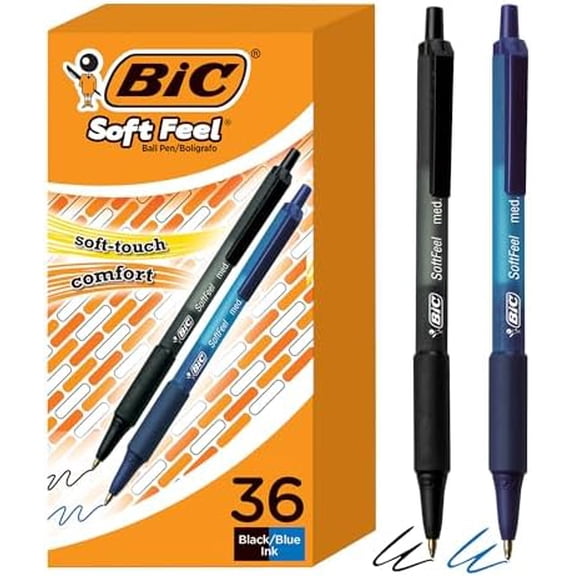 BIC Soft Feel Retractable Ballpoint Pen with 1.0 mm Medium Point and No-Slip Grip, 36-Count in Assorted Ink