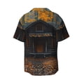 thumbnail image 6 of Lsque Rustic Cabin Autumn Forest print Men's Cuban Collar Short Sleeve Shirt Summer Beachwear Casual Button Down Fashionable Vacation Leisure Shirt-Large, 6 of 7