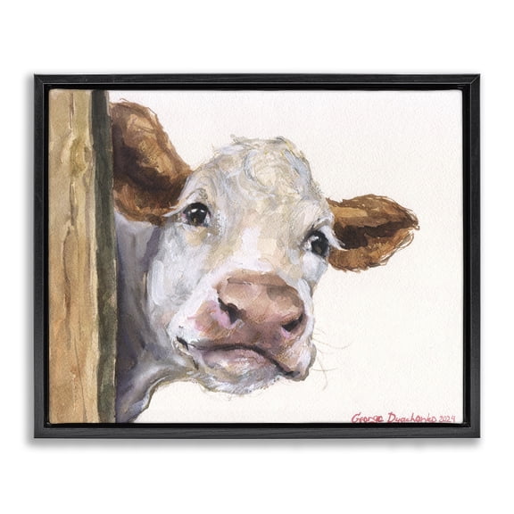 Stupell Industries Rustic Lodge Peeking Cattle & Fence Black Floating Frame Canvas Art, 21 x 17, by George Dyachenko