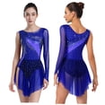 thumbnail image 2 of Aislor Women's Figure Ice Skating Dress Long Sleeve Rhinestones Irregular Mesh Bodysuit Ballet Dance Costume Navy Blue 3XL, 2 of 7
