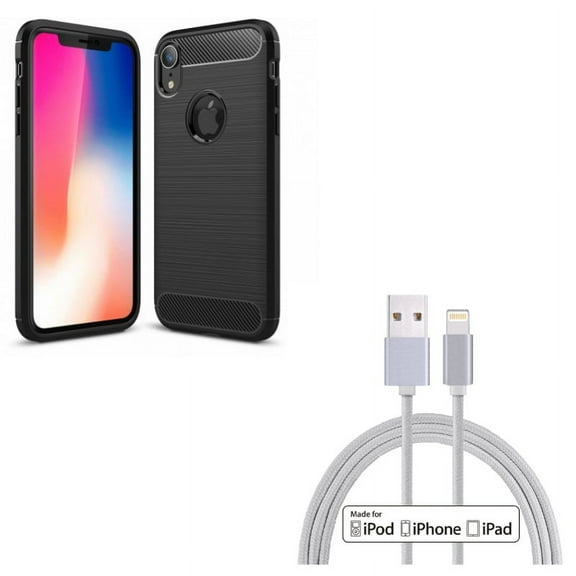 MFi USB Cable w Case for iPhone XR - 10ft Certified Charger Cord Power Wire, Carbon Fiber Slim Fit Cover Reinforced Bumper Shock Absorbent Compatible With iPhone XR