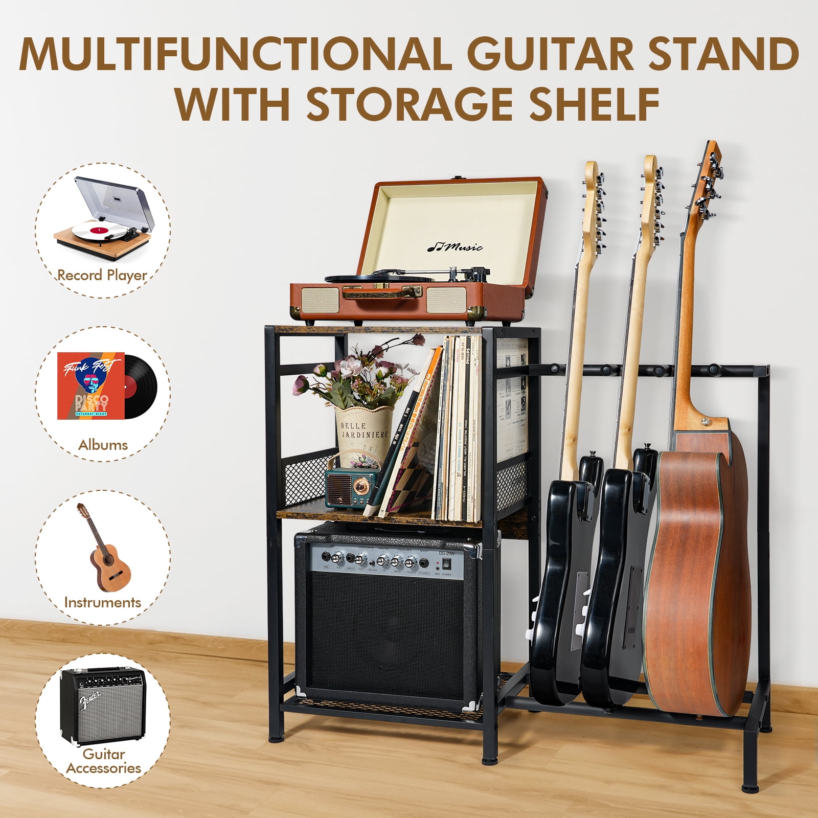 Guitar Stand for Multiple Acoustic Bass Electric Guitars Cases with Vinyl Record Storage Cabinet and 3-Tier Shelf
