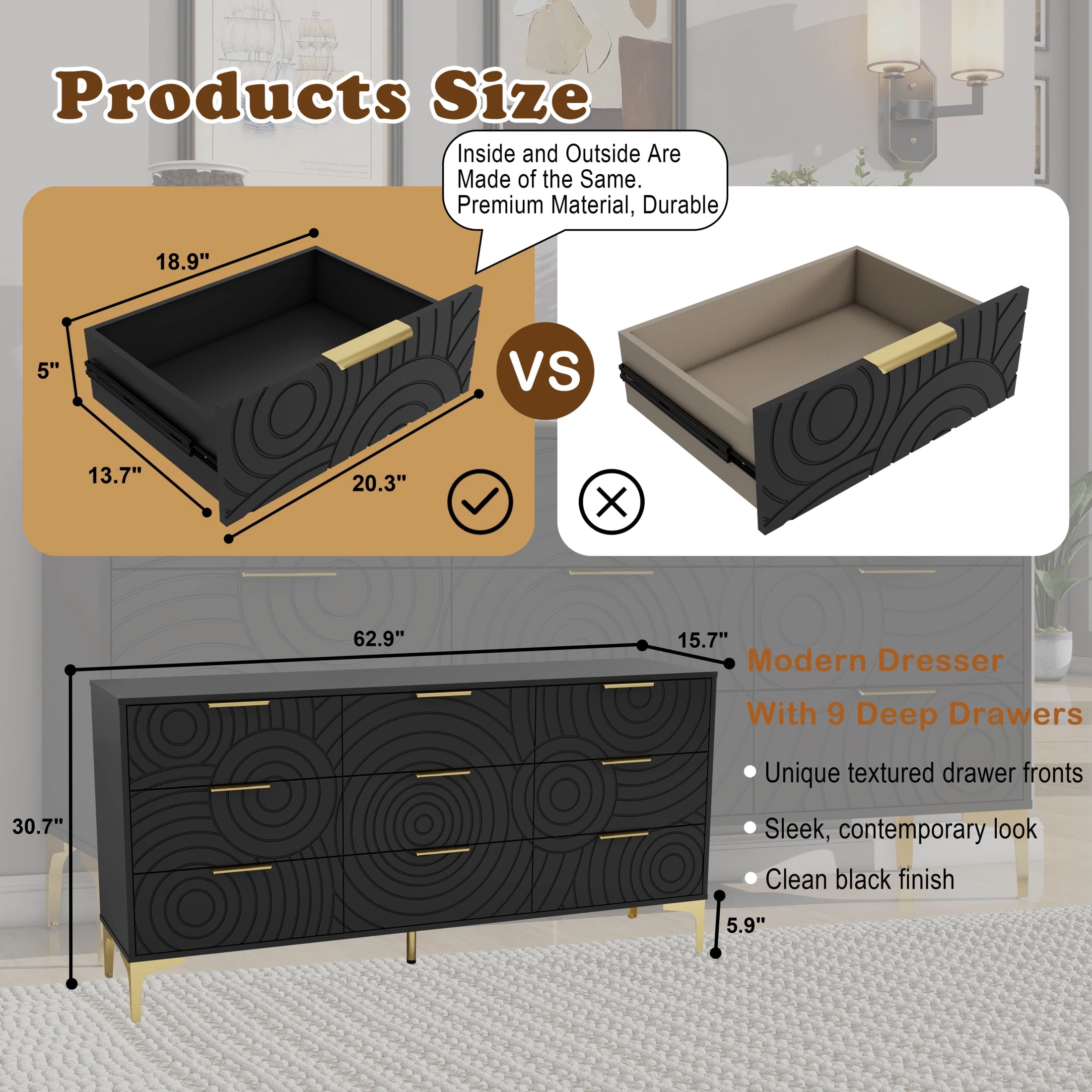AISWORD 9 Drawer Dresser, Modern Wooden Dresser Chest with Metal Handles, Large Storage for Bedroom, Black