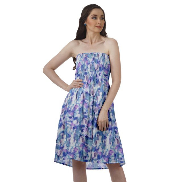Moomaya Robes d'Été Sans Bretelles pour Femmes en Crêpe Imprimé, Robe Tube Smockée pour Femmes