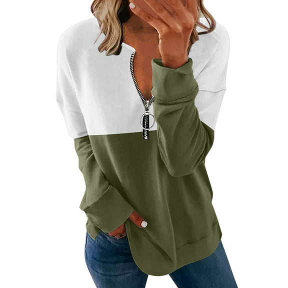 Women Casual Solid Zipper Splicing Loose Hooded Long Sleeve V-Neck Tops