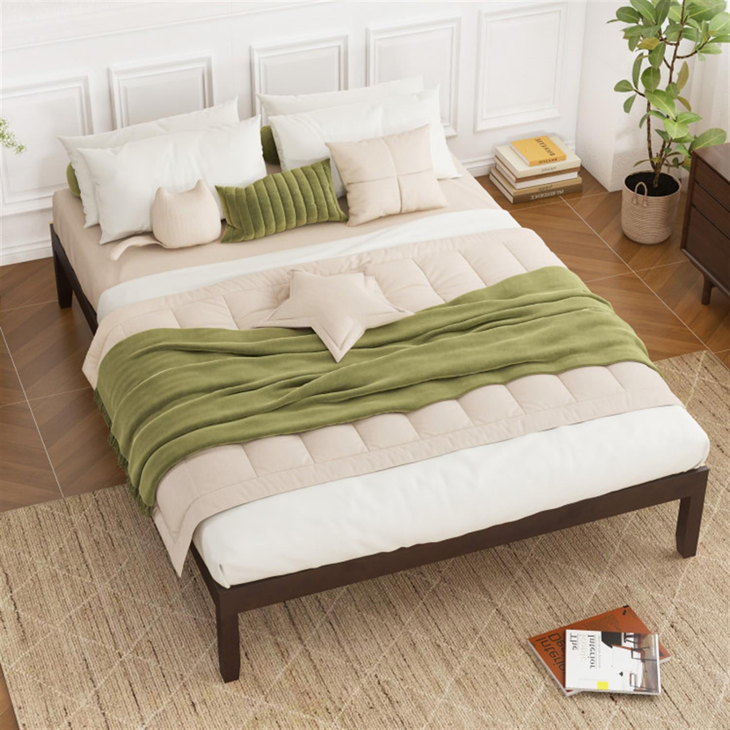 Demi Bonn Queen Size Bed Frame with Wooden Slats Support and Rubber Wood Legs, Acacia Wood Platform Bed Frame with Under Bed Storage, No Box Spring Needed, Brown