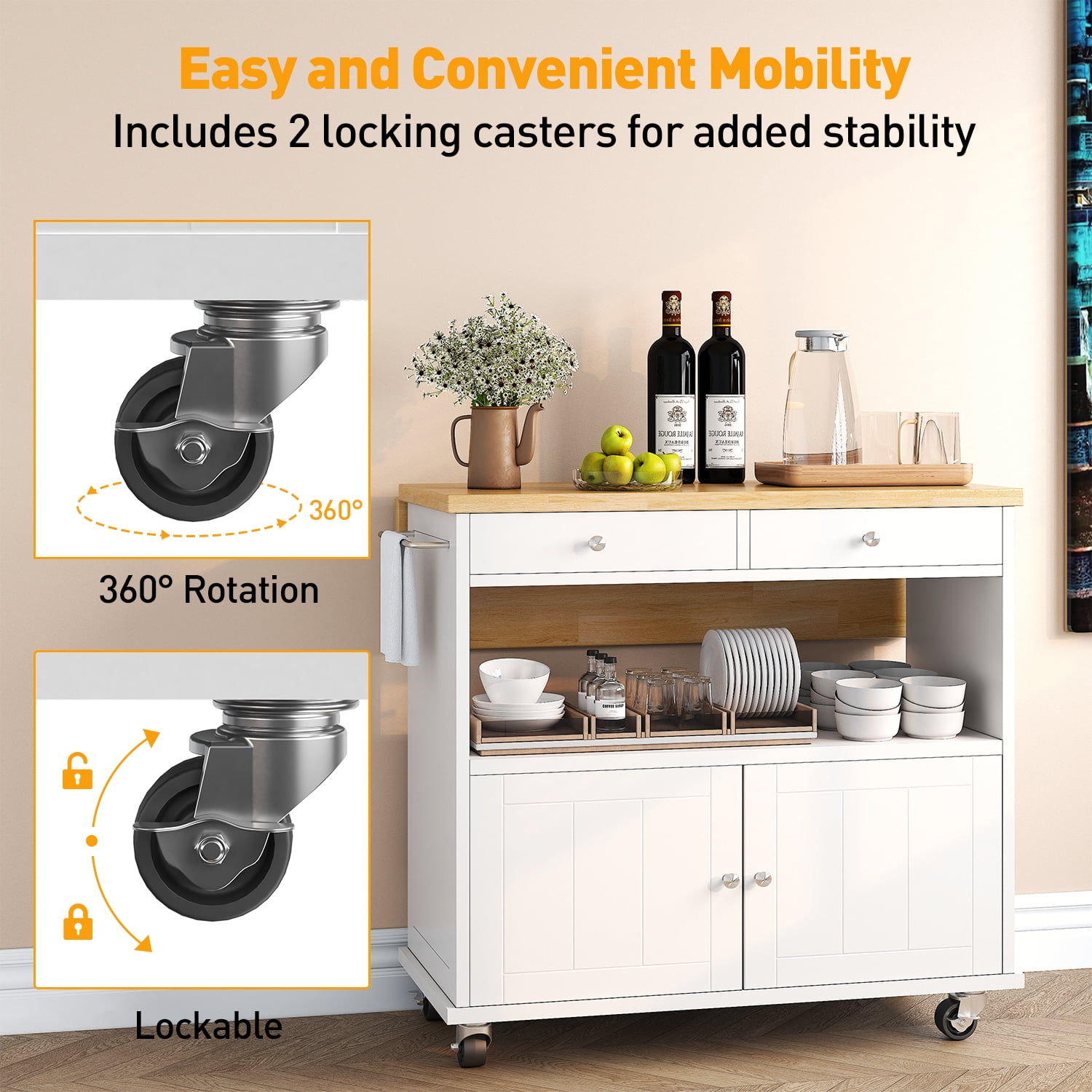 Rolling Kitchen Island with Folding Drop Leaf Top, Storage Cabinet & 2 Drawers, 35.4" W Kitchen Cart, Portable Mobile Kitchen Island with Lockable Wheels, Towel Rack and Adjustable Shelves, Blue