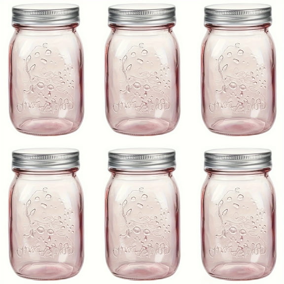 6 Pack Glass Mason Jars With Lids, 16 Oz Rose Pink Regular Mouth Quart Canning Jars, Safe For Storage, Canning, Pickling, Preserving, Fermenting, DIY Crafts & Decor