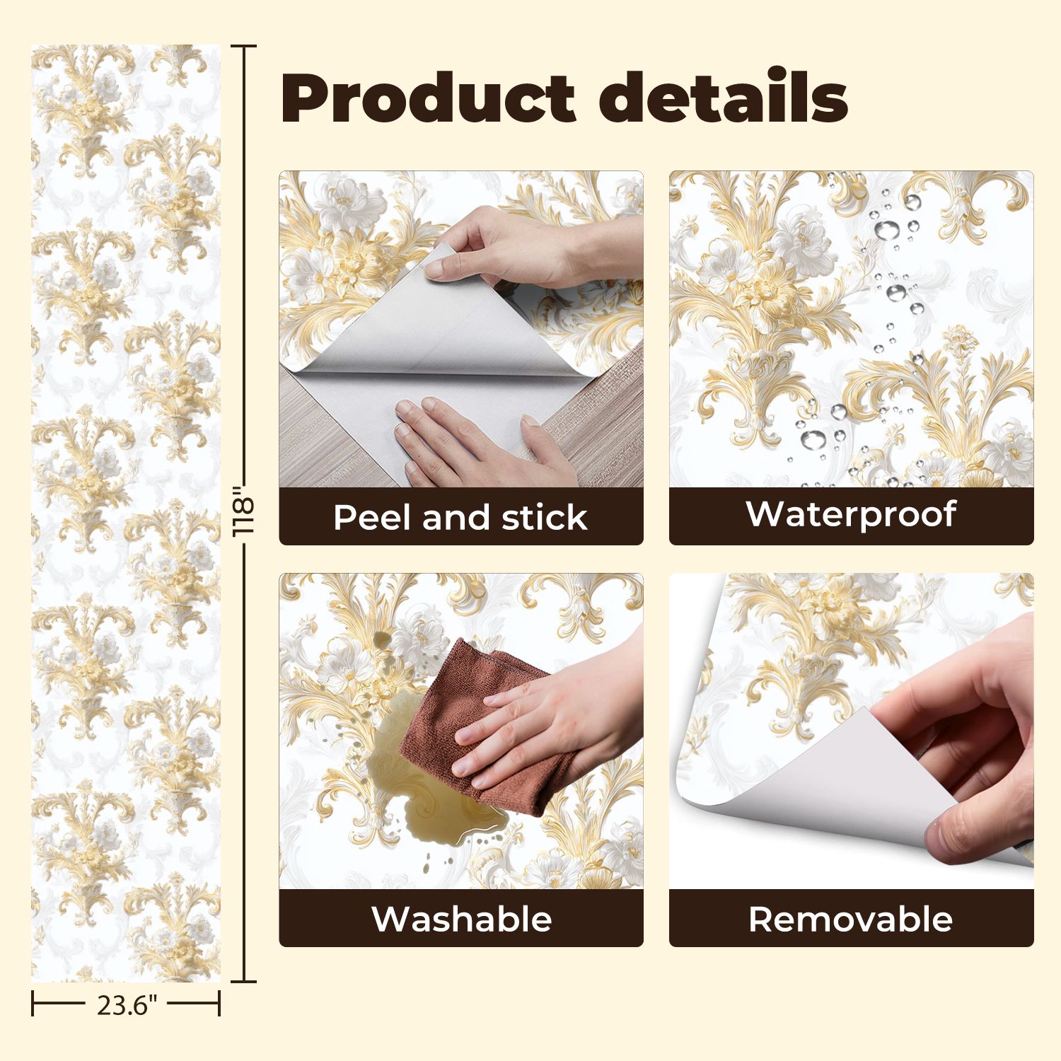 Vintage Peel and Stick Wallpaper 23.6in x 9.8ft Elegant Floral Damask Gold White Detailing Soft White Contact Paper Vinyl Waterproof Self Adhesive Wall Paper for Bedroom Shelf Cabinet