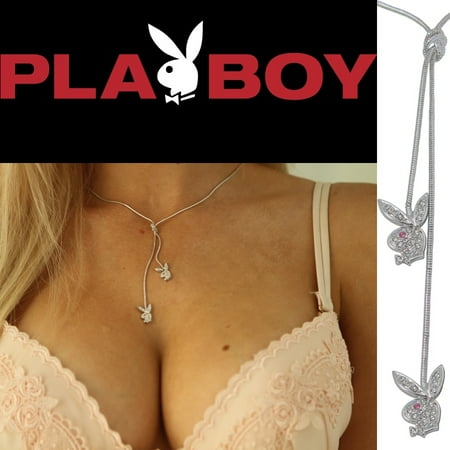 Double Swarovski Crystal Drop Necklace - Playboy Y Necklace Swarovski Crystal Bunny Silver Platinum Plated Lariat