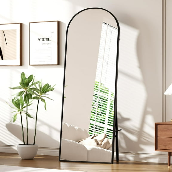 TROPOW Arched Full Length Mirror 65"x 22" Full Body Mirror Floor Mirror Wall Mounted Mirror Freestanding Full Size Mirror Leaning Against Wall Large Tall Mirror with Bracker Black Frame