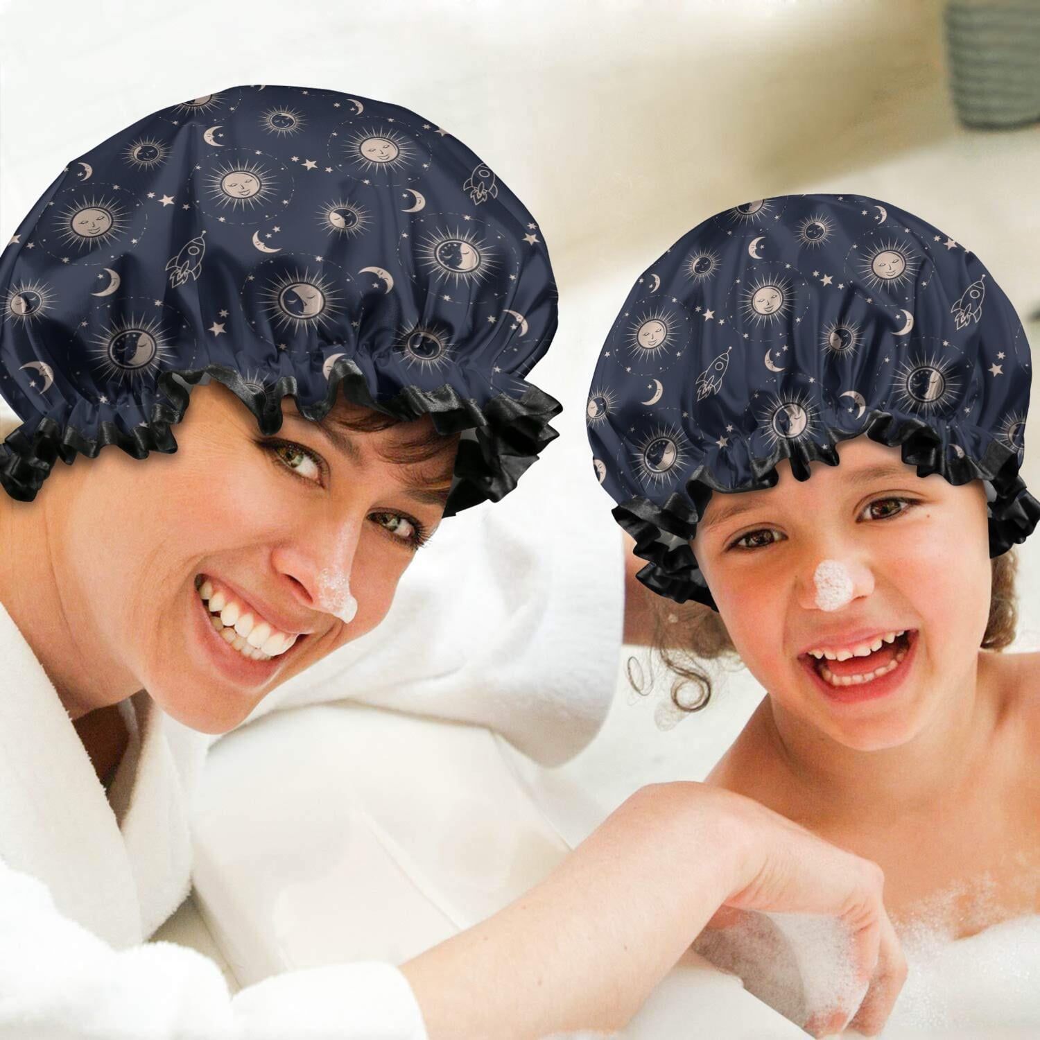 Shower Caps,Dark Blue Sun Moon Rocket Pattern Waterproof Shower Cap for Women 4 Pieces,Double Reusable Hair Cover for Shower PEVA Elastic Stretch Hem