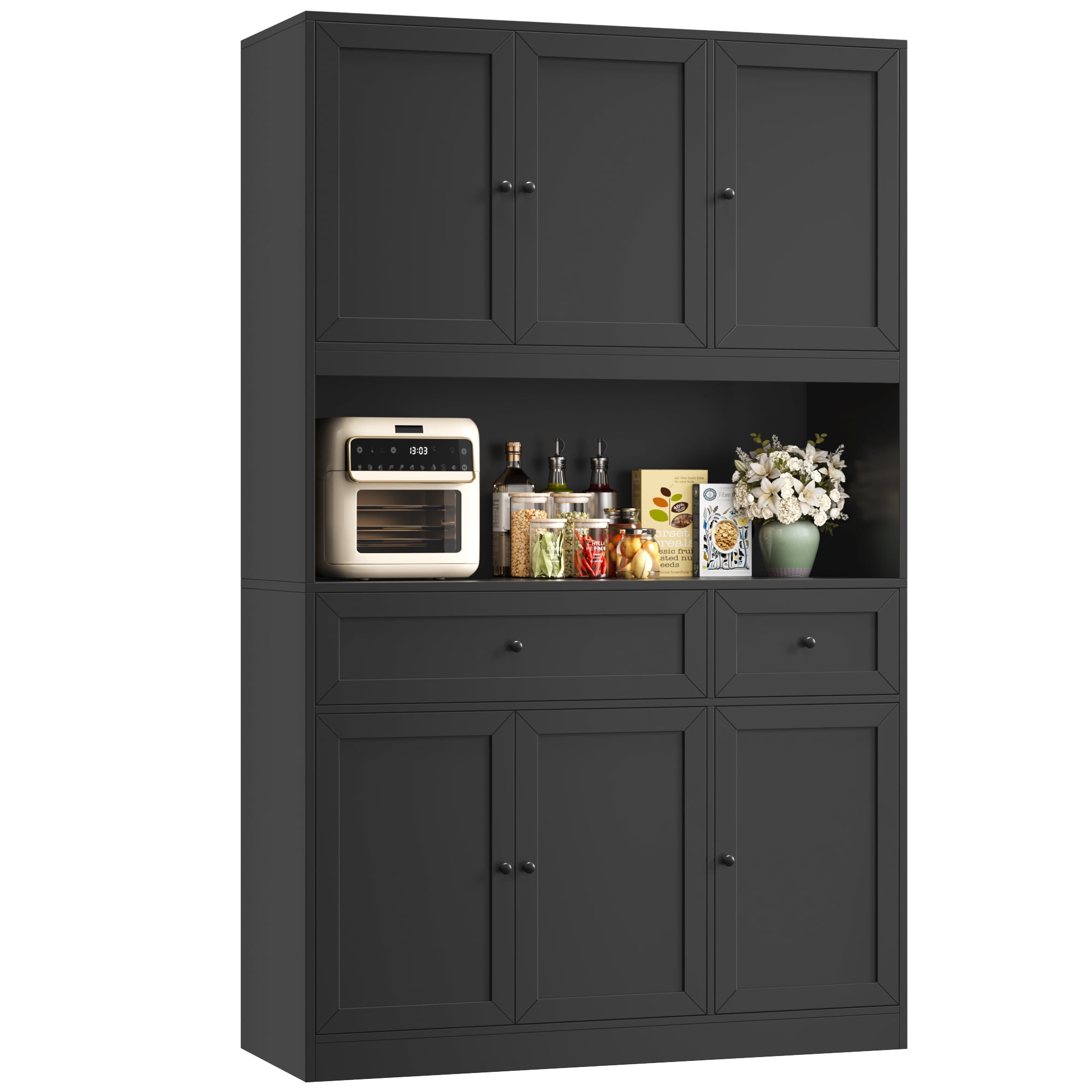Homfa 72" Tall Kitchen Pantry with Microwave Shelf, Freestanding Kitchen Cupboard, Floor Cabinet for Dining Room, Black