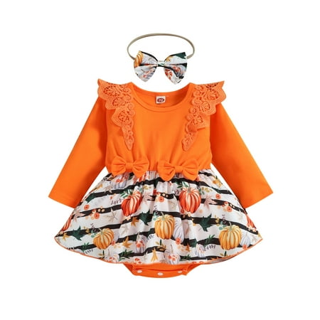 

Infant Baby Girl Halloween Outfits Long Sleeve Lace Pumpkin Romper Dress and Bow Headband 2 Pcs Set