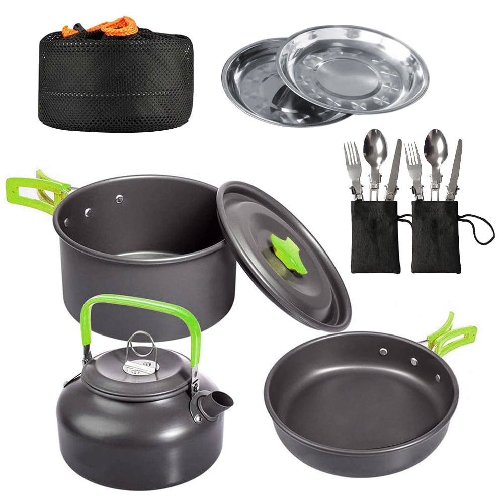 CA Mode 4pcs Cookware Mess Kit, Camping Cookware Set Camping Frying Pan Lightweight Backpacking Cookware Pots and Pans Cooking Set Stainless Steel