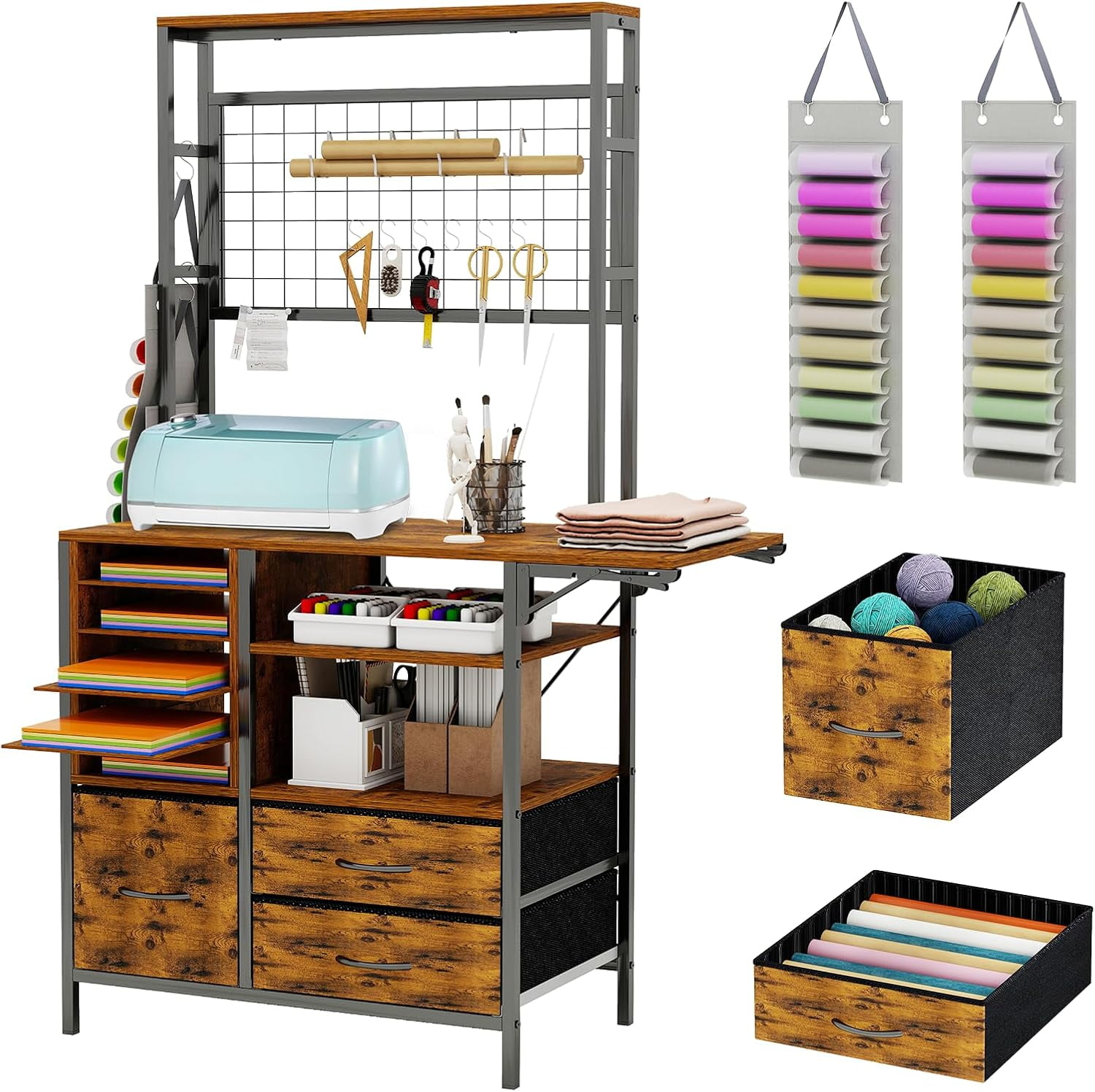 Craft Organizers and Storage Cabinet Brown Cricut Table with Drawer Sewing Table with Fold Out Crafting Desk for Vinyl Roll Holder for Craft Room