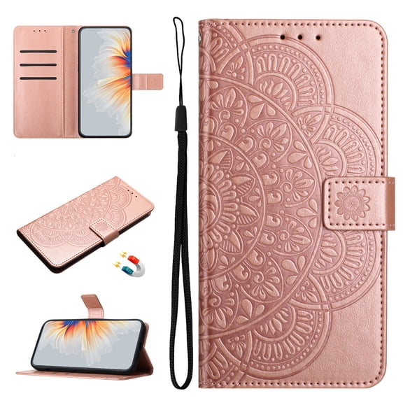 for iPhone 14 Plus Phone Case Wallet, Flip Folio Cover with Credit Card Holders Emboss Mandala Flower PU Leather Purse Wrist Strap Kickstand Protection Case for Women Men - Rosegold