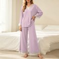 thumbnail image 3 of YYDGH Pajamas Sets for Women Two Piece Lounge Outfits Lace Trim V Neck Top Long Sleeve Tops and Wide Leg Pants Sleepwear Loungewear Nightwear Suit, 3 of 7